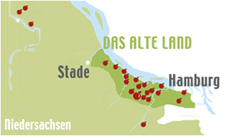 Übersichtskarte der Vertragsbetriebe des Bioobst Großhandelsunternehmen Rolker bei Hamburg im Alten Land in Norddeutschland